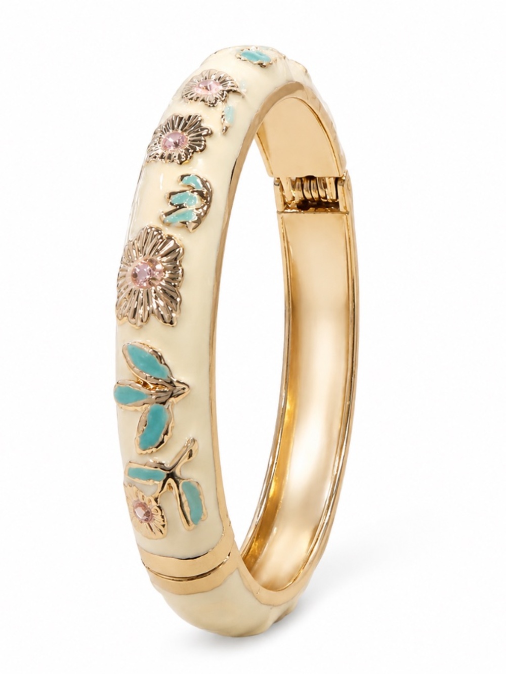 Gold-Tone Floral Enamel Hinged Bangle Bracelet